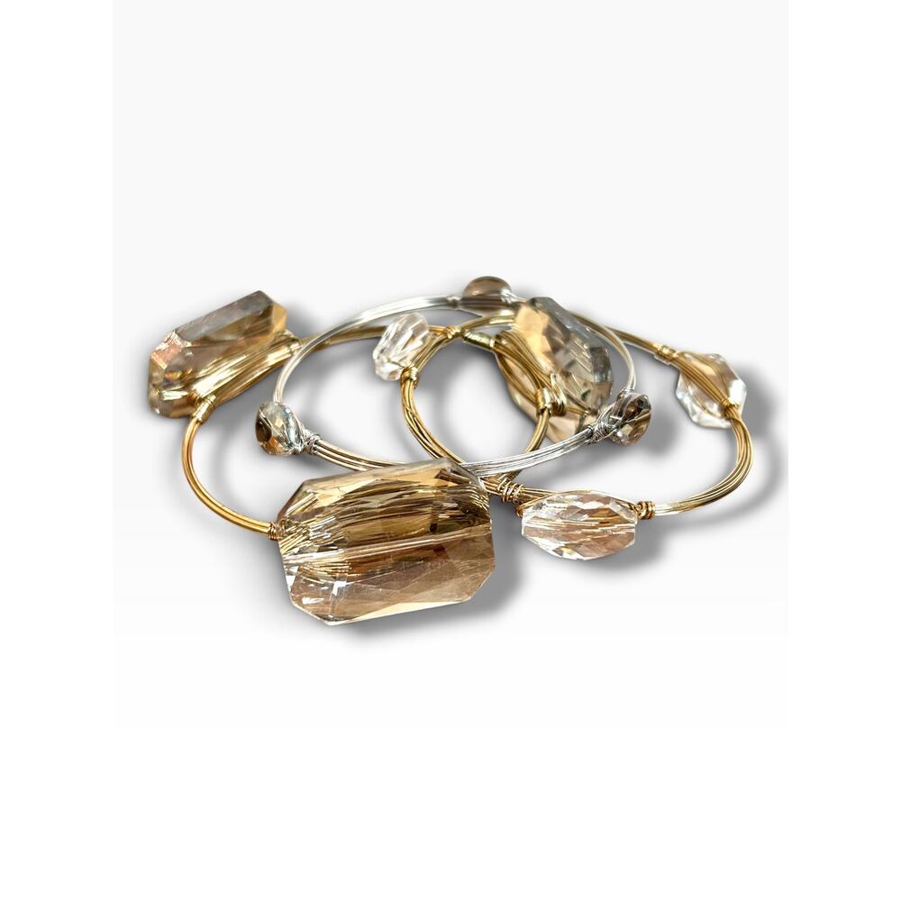 Lot 3 Wire Wrapped Bangle Bracelets Gold and Silver Tone Champagne Smoky Stack